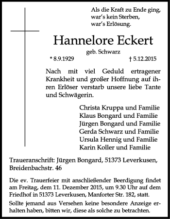 Anzeige von Hannelore Eckert von Kölner Stadt-Anzeiger / Kölnische Rundschau / Express