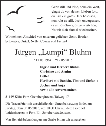 Anzeige von Jürgen Bluhm von  Kölner Wochenspiegel 