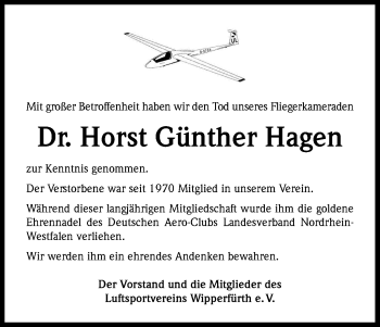 Anzeige von Horst Günter Hagen von Kölner Stadt-Anzeiger / Kölnische Rundschau / Express