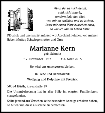 Anzeige von Marianne Kern von Kölner Stadt-Anzeiger / Kölnische Rundschau / Express