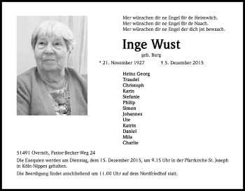 Anzeige von Inge Wust von Kölner Stadt-Anzeiger / Kölnische Rundschau / Express