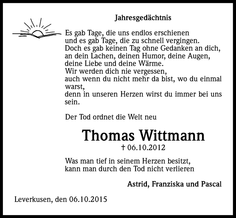  Traueranzeige für Thomas Wittmann vom 10.10.2015 aus Kölner Stadt-Anzeiger / Kölnische Rundschau / Express