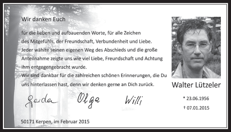  Traueranzeige für Walter Lützeler vom 25.02.2015 aus  Werbepost 