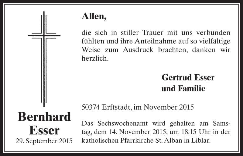  Traueranzeige für Bernhard Esser vom 04.11.2015 aus  Werbepost 