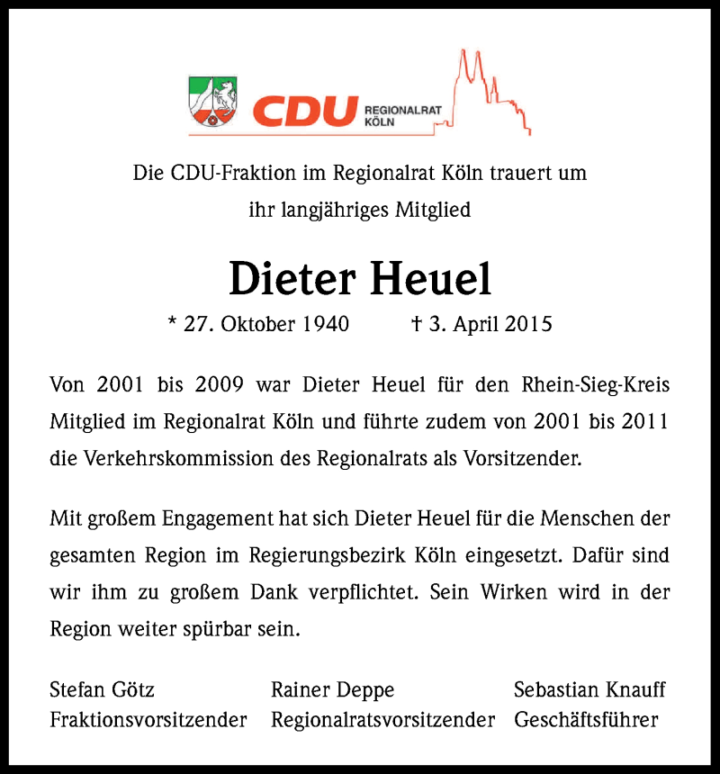  Traueranzeige für Dieter Heuel vom 11.04.2015 aus Kölner Stadt-Anzeiger / Kölnische Rundschau / Express