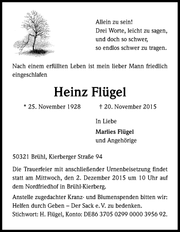 Anzeige von Heinz Flügel von Kölner Stadt-Anzeiger / Kölnische Rundschau / Express