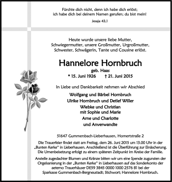 Anzeige von Hannelore Hornbruch von Kölner Stadt-Anzeiger / Kölnische Rundschau / Express