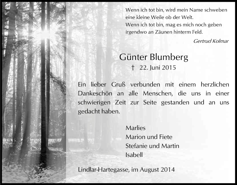  Traueranzeige für Günter Blumberg vom 01.08.2015 aus Kölner Stadt-Anzeiger / Kölnische Rundschau / Express
