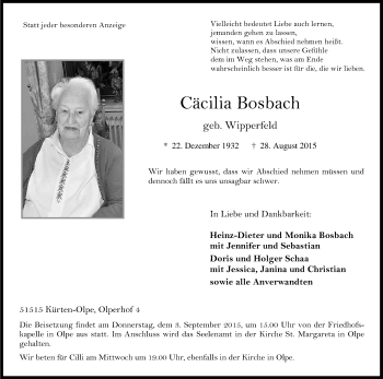Anzeige von Cäcilia Bosbach von Kölner Stadt-Anzeiger / Kölnische Rundschau / Express