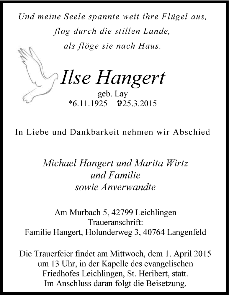  Traueranzeige für Ilse Hangert vom 28.03.2015 aus Kölner Stadt-Anzeiger / Kölnische Rundschau / Express
