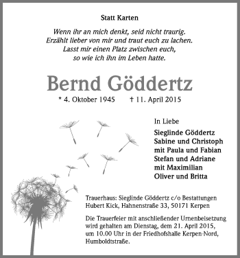 Anzeige von Bernd Göddertz von Kölner Stadt-Anzeiger / Kölnische Rundschau / Express