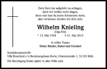 Anzeige von Wilhelm Knieling von Kölner Stadt-Anzeiger / Kölnische Rundschau / Express