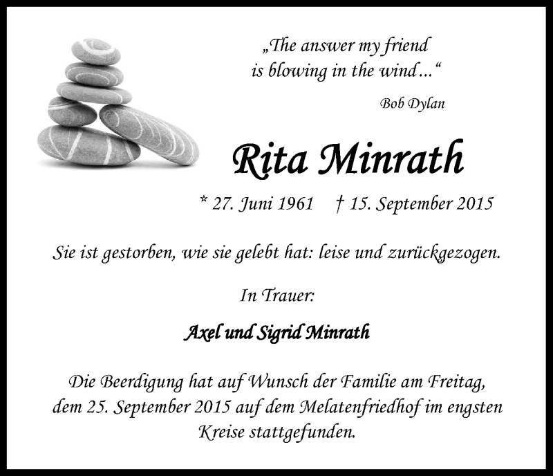  Traueranzeige für Rita Minrath vom 26.09.2015 aus Kölner Stadt-Anzeiger / Kölnische Rundschau / Express