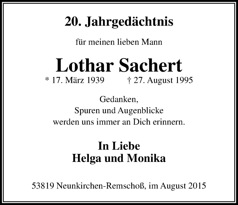  Traueranzeige für Lothar Sachert vom 28.08.2015 aus Kölner Stadt-Anzeiger / Kölnische Rundschau / Express