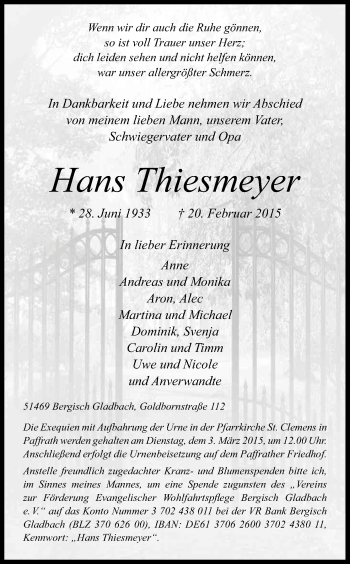 Anzeige von Hans Thiesmeyer von Kölner Stadt-Anzeiger / Kölnische Rundschau / Express