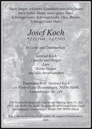 Anzeige von Josef Koch von  Schlossbote/Werbekurier 