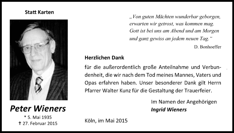  Traueranzeige für Peter Wieners vom 16.05.2015 aus Kölner Stadt-Anzeiger / Kölnische Rundschau / Express