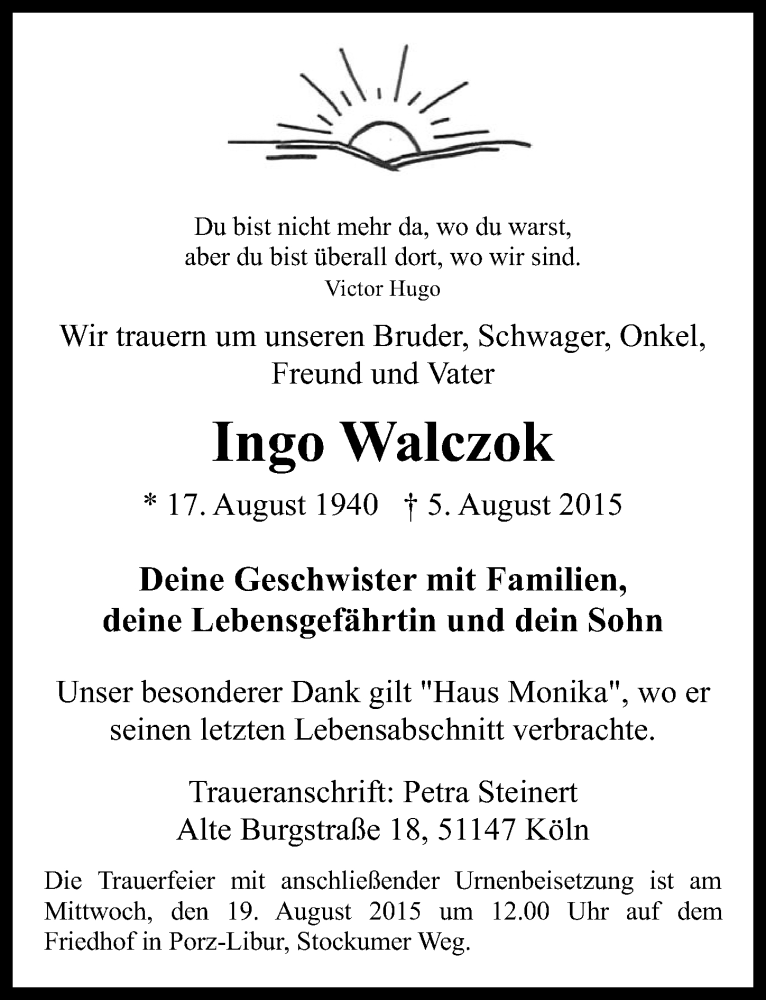  Traueranzeige für Ingo Walczok vom 12.08.2015 aus  Kölner Wochenspiegel 