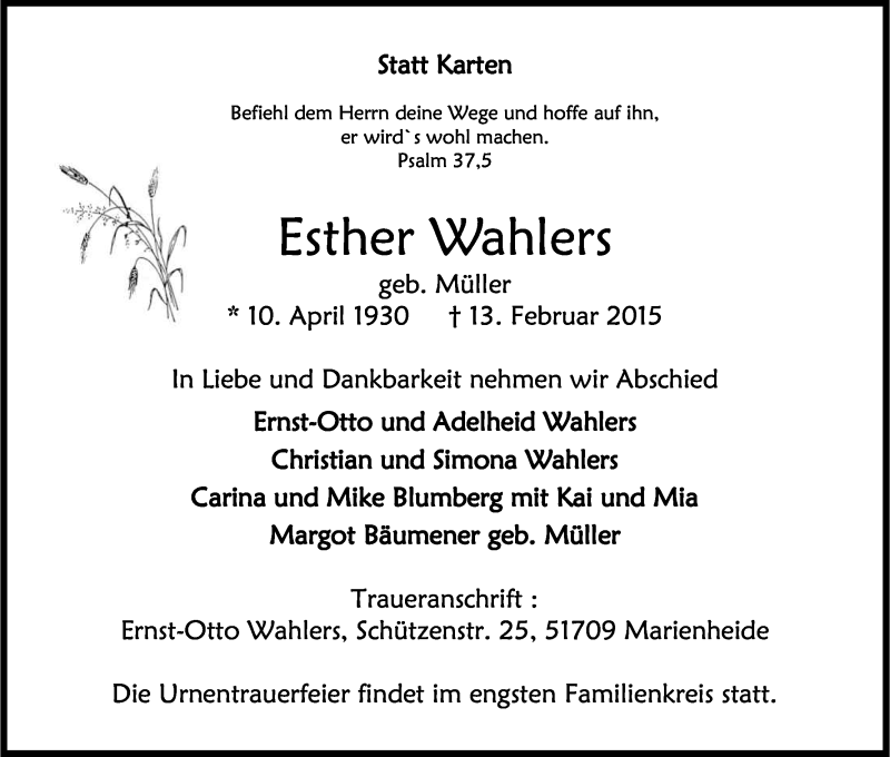  Traueranzeige für Esther Wahlers vom 18.02.2015 aus Kölner Stadt-Anzeiger / Kölnische Rundschau / Express