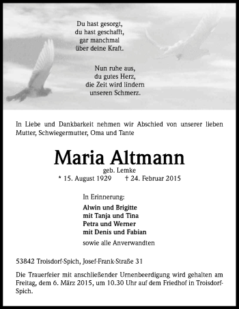 Anzeige von Maria Altmann von Kölner Stadt-Anzeiger / Kölnische Rundschau / Express