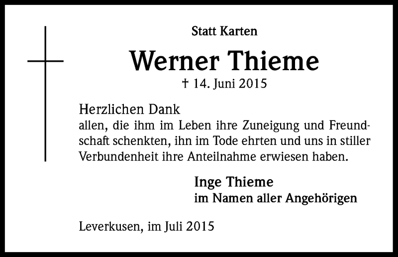  Traueranzeige für Werner Thieme vom 08.07.2015 aus Kölner Stadt-Anzeiger / Kölnische Rundschau / Express