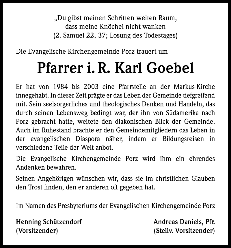  Traueranzeige für Karl Goebel vom 27.06.2015 aus Kölner Stadt-Anzeiger / Kölnische Rundschau / Express