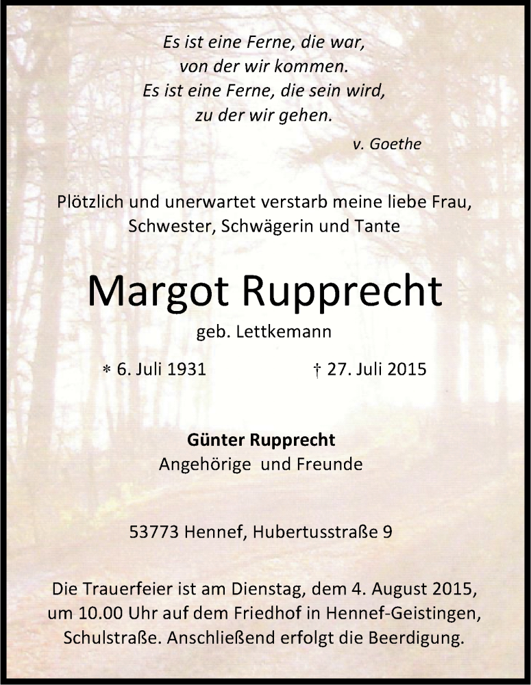  Traueranzeige für Margot Rupprecht vom 30.07.2015 aus Kölner Stadt-Anzeiger / Kölnische Rundschau / Express