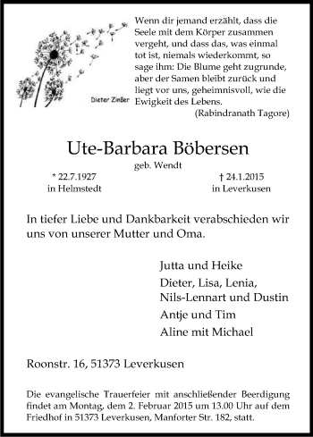 Anzeige von Ute-Barbara Böbersen von Kölner Stadt-Anzeiger / Kölnische Rundschau / Express