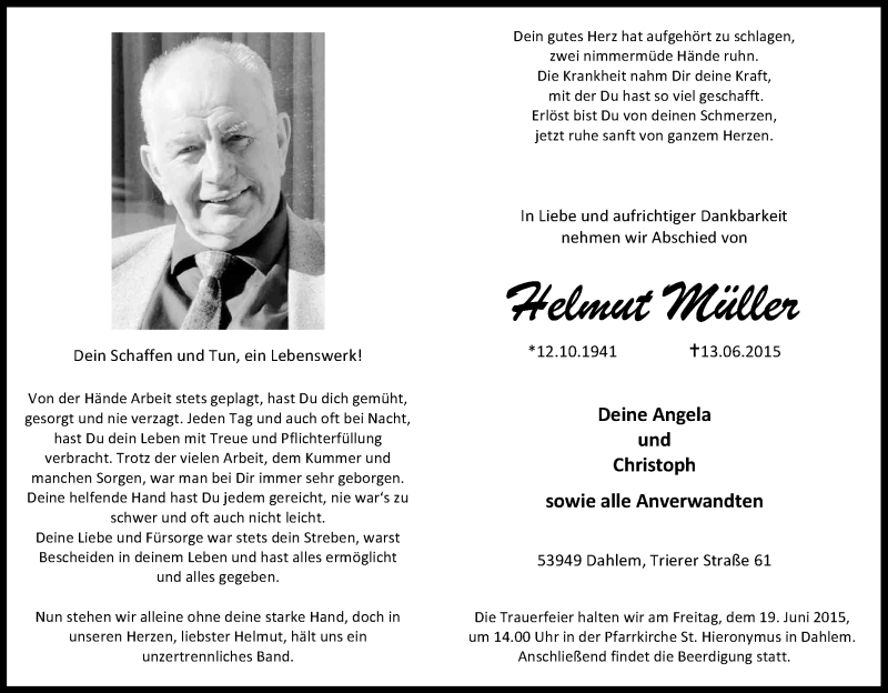  Traueranzeige für Helmut Müller vom 17.06.2015 aus Kölner Stadt-Anzeiger / Kölnische Rundschau / Express