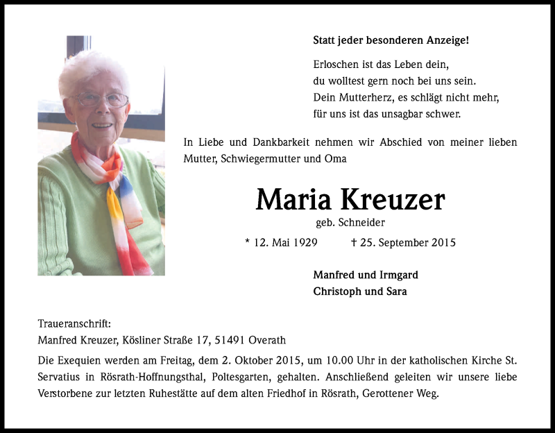  Traueranzeige für Maria Kreuzer vom 29.09.2015 aus Kölner Stadt-Anzeiger / Kölnische Rundschau / Express