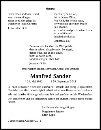 Anzeige von Manfred Sander von Kölner Stadt-Anzeiger / Kölnische Rundschau / Express