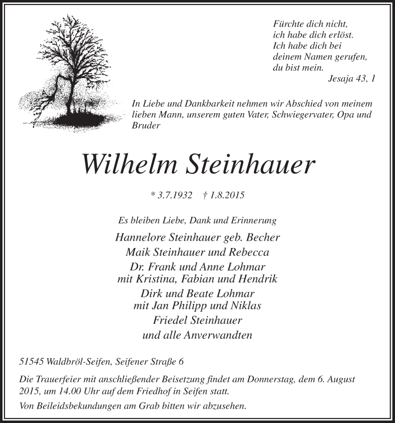  Traueranzeige für Wilhelm Steinhauer vom 05.08.2015 aus  Lokalanzeiger 