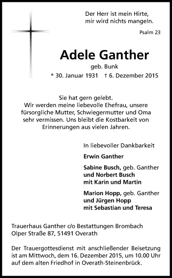 Anzeige von Adele Ganther von Kölner Stadt-Anzeiger / Kölnische Rundschau / Express