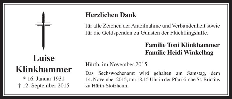  Traueranzeige für Luise Klinkhammer vom 04.11.2015 aus  Wochenende 