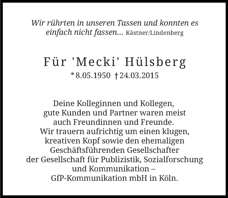  Traueranzeige für Mecki Hülsberg vom 04.04.2015 aus Kölner Stadt-Anzeiger / Kölnische Rundschau / Express