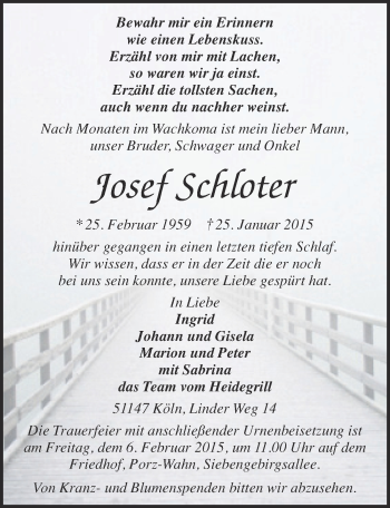 Anzeige von Josef Schloter von  Kölner Wochenspiegel 