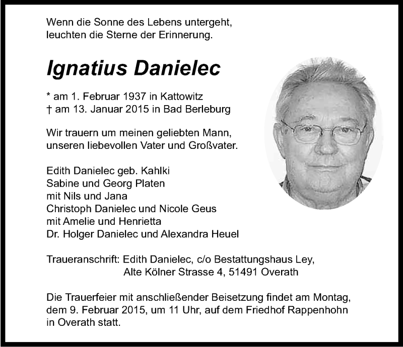  Traueranzeige für Ignatius Danielec vom 31.01.2015 aus Kölner Stadt-Anzeiger / Kölnische Rundschau / Express