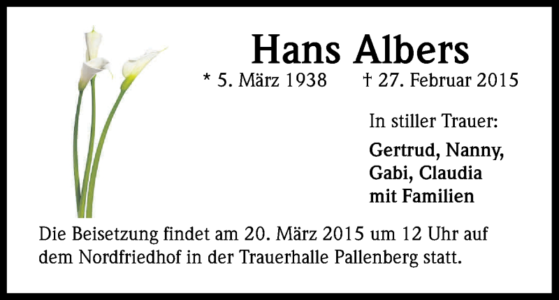  Traueranzeige für Hans Albers vom 14.03.2015 aus Kölner Stadt-Anzeiger / Kölnische Rundschau / Express