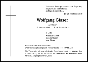 Anzeige von Wolfgang Glaser von Kölner Stadt-Anzeiger / Kölnische Rundschau / Express
