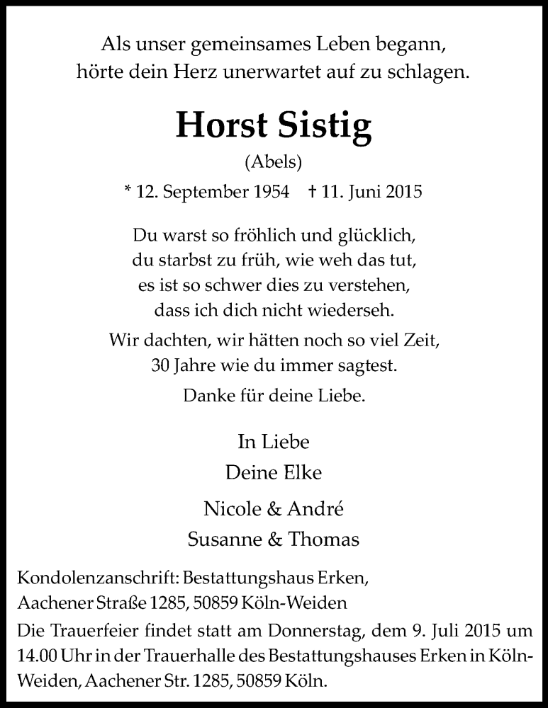  Traueranzeige für Horst Sistig vom 07.07.2015 aus Kölner Stadt-Anzeiger / Kölnische Rundschau / Express