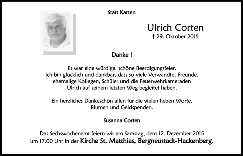  Traueranzeige für Ulrich Corten vom 07.12.2015 aus Kölner Stadt-Anzeiger / Kölnische Rundschau / Express