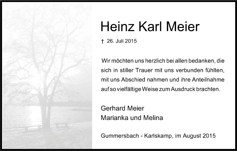  Traueranzeige für Heinz Karl Meier vom 28.08.2015 aus Kölner Stadt-Anzeiger / Kölnische Rundschau / Express