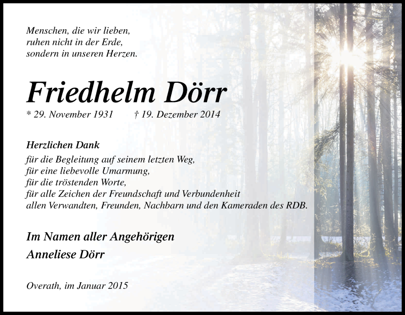  Traueranzeige für Friedhelm Dörr vom 31.01.2015 aus Kölner Stadt-Anzeiger / Kölnische Rundschau / Express
