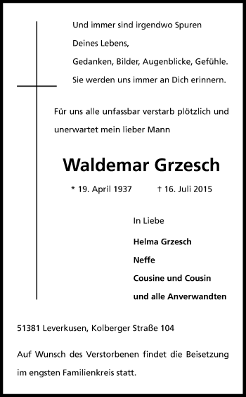 Anzeige von Waldemar Grzesch von Kölner Stadt-Anzeiger / Kölnische Rundschau / Express
