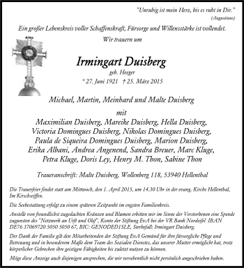 Anzeige von Irmingart Duisberg von Kölner Stadt-Anzeiger / Kölnische Rundschau / Express