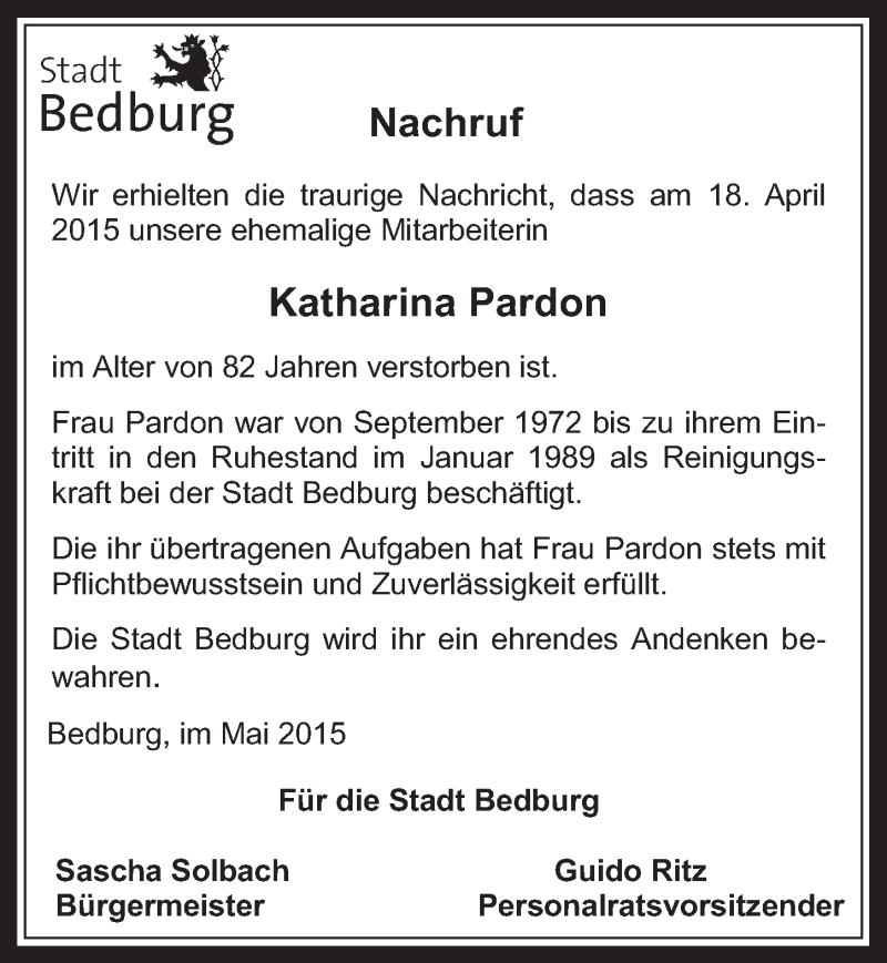  Traueranzeige für Katharina Pardon vom 06.05.2015 aus  Werbepost 