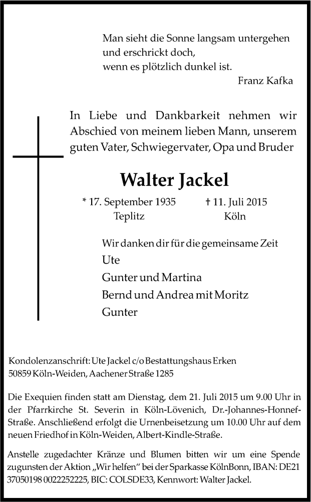 Traueranzeige für Walter Jackel vom 18.07.2015 aus Kölner Stadt-Anzeiger / Kölnische Rundschau / Express