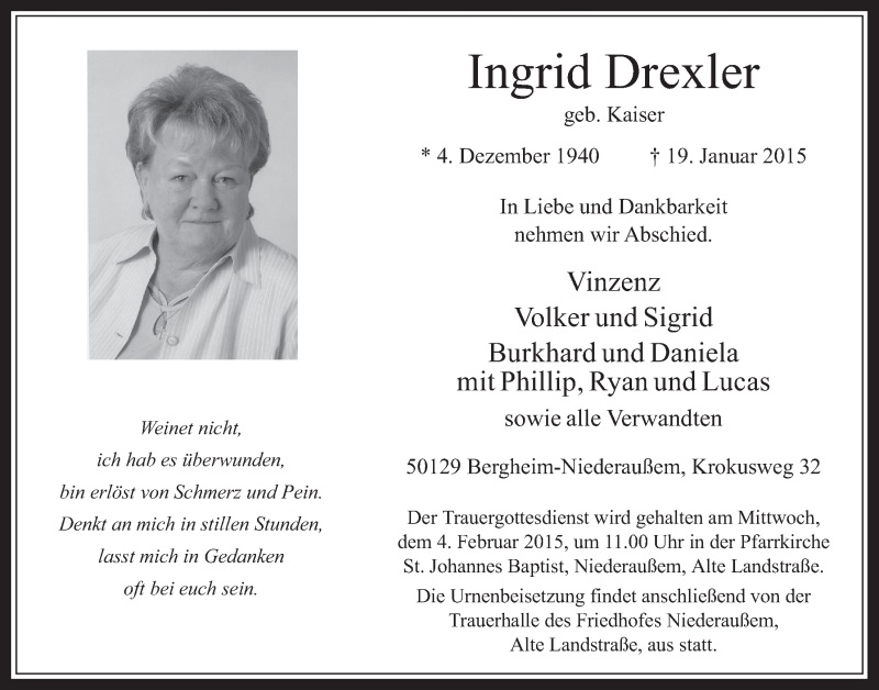  Traueranzeige für Ingrid Drexler vom 28.01.2015 aus  Werbepost 