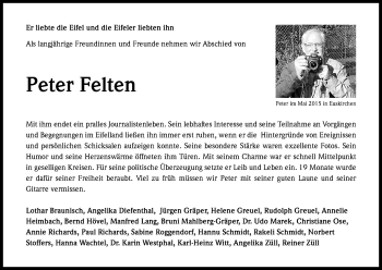 Anzeige von Peter Felten von Kölner Stadt-Anzeiger / Kölnische Rundschau / Express