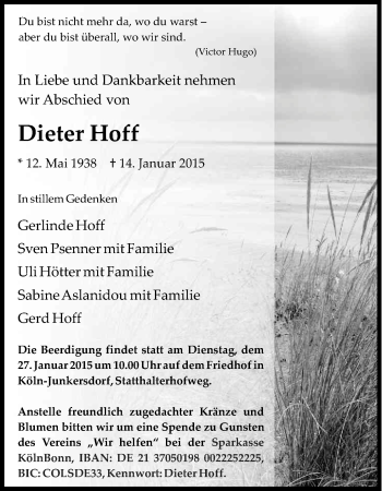 Anzeige von Dieter Hoff von Kölner Stadt-Anzeiger / Kölnische Rundschau / Express